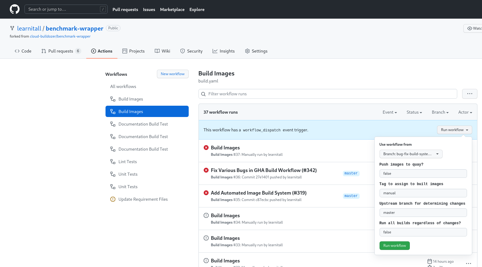 Example manual trigger of build workflow